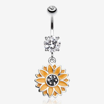 Beach Sunflower Sparkle Belly Button Ring-Clear Gem/Hematite